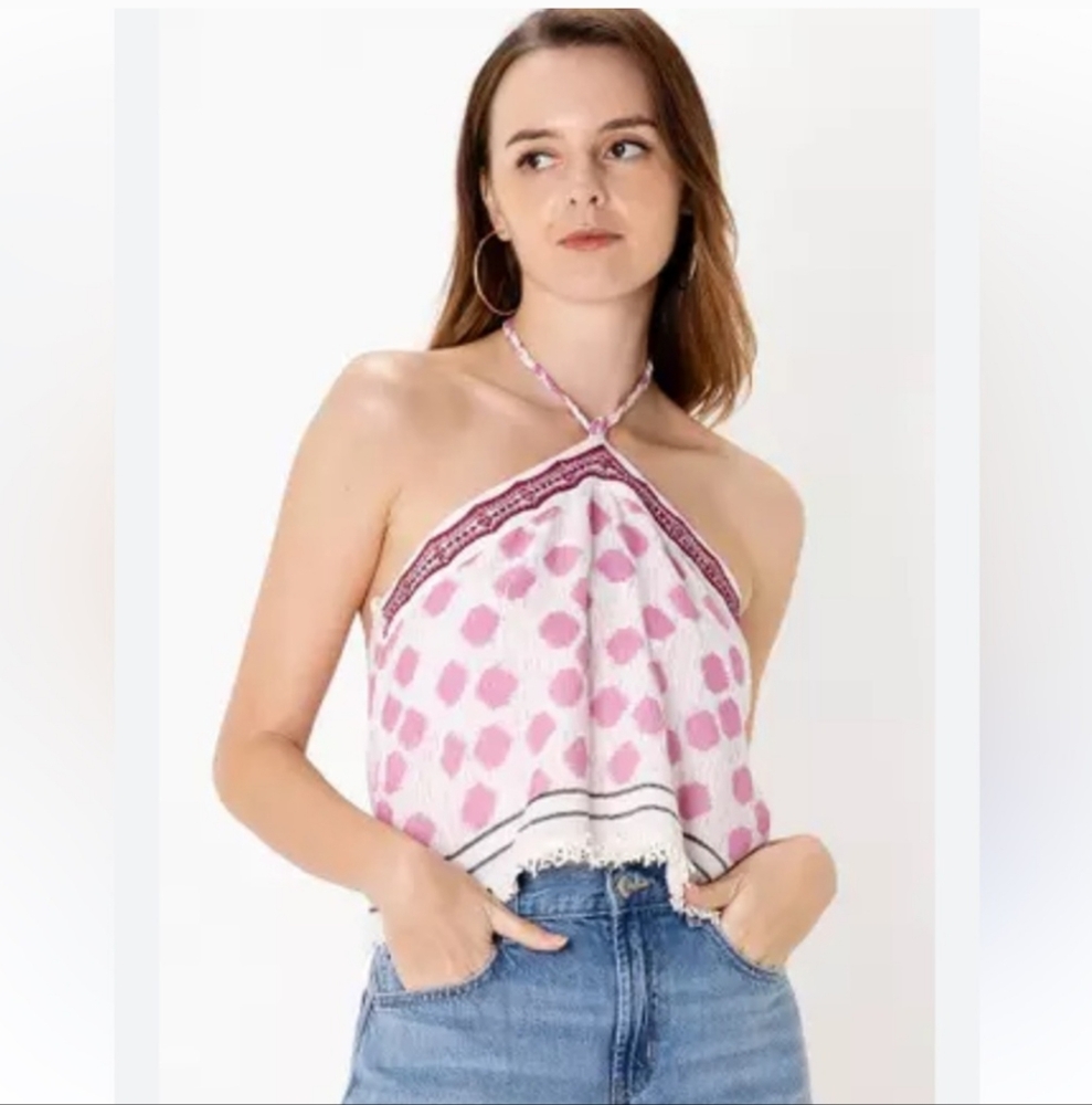 ZARA | Women's Pink/White Beaded Rope Neck Boho Cropped Halter Top NWOT